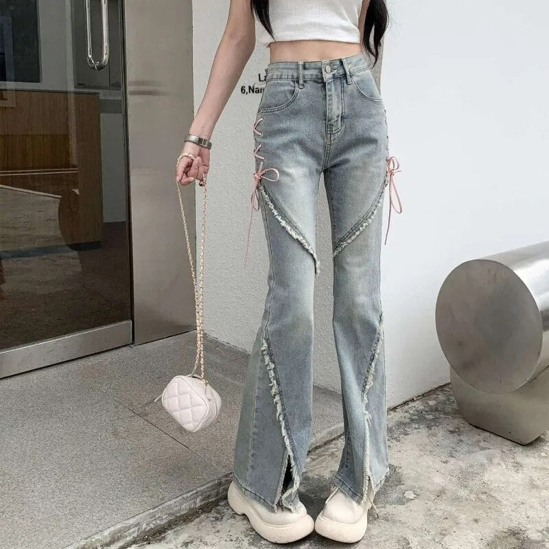 Otusi Y2K Vintage High Waist Flare Jeans Women Fashion Bandage Slit Slim Denim Pants Summer Korean Streetwear Casual Wide Leg Trousers Cute Pants