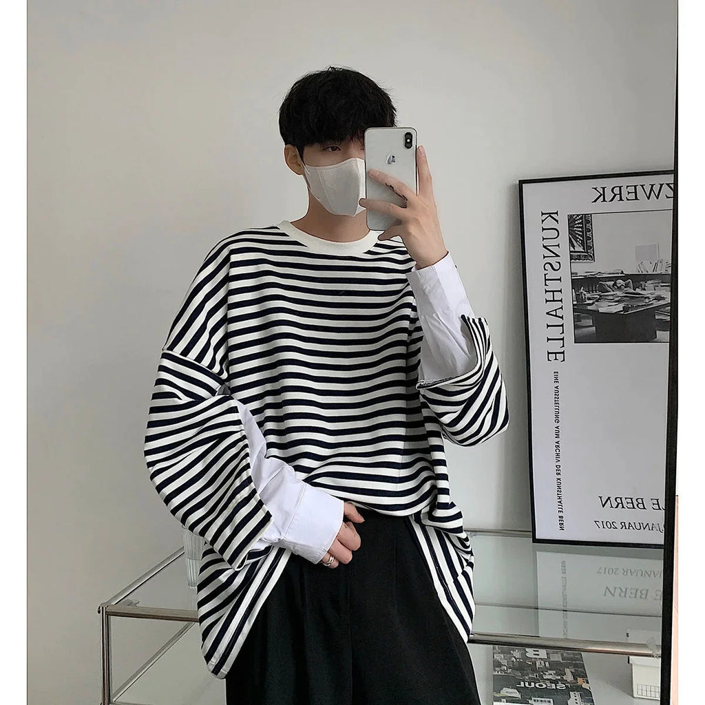 OTUSI Wiaofellas Men's High-quality Cotton Striped Hoodies Printing Oversized Sweatshirts Round Neck Casual Pullover Loose Long Sleeves Coat