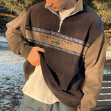 OTUSI Wiaofellas England Retro Geometry Print Patchwork Youth Hoodie Zip Up Lapel Cashmere Sweater Autumn Winter Warm Loose Daily Sweatshirts Men