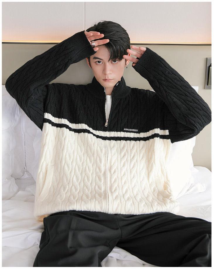 Otusi Stitching Contrasting Zipper Cardigan Sweater