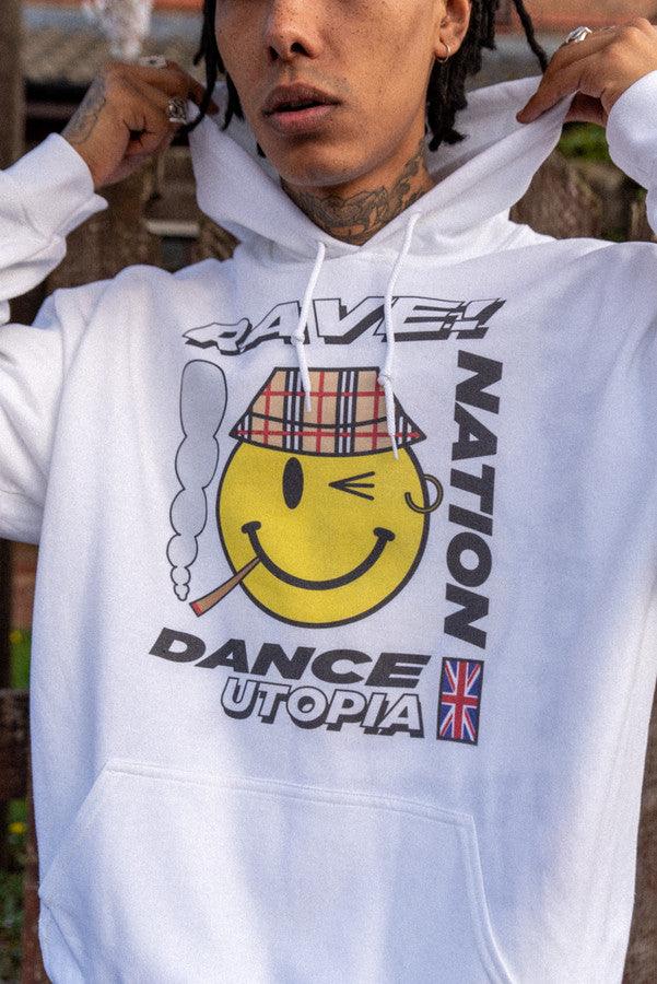 Otusi Heavyweight Hoodie in White With Rave Nation Print
