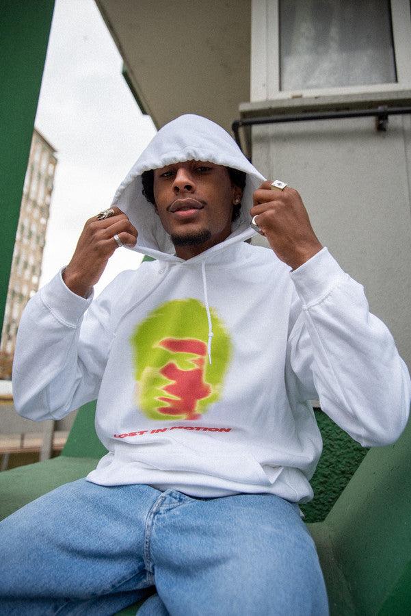 Otusi Hoodie in White With Lost In Motion Infrared Print