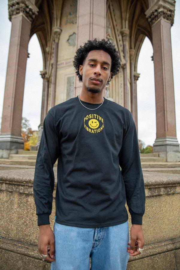 Otusi Long Sleeved T-Shirt in Black With 90s Rave Smiley Embroidery