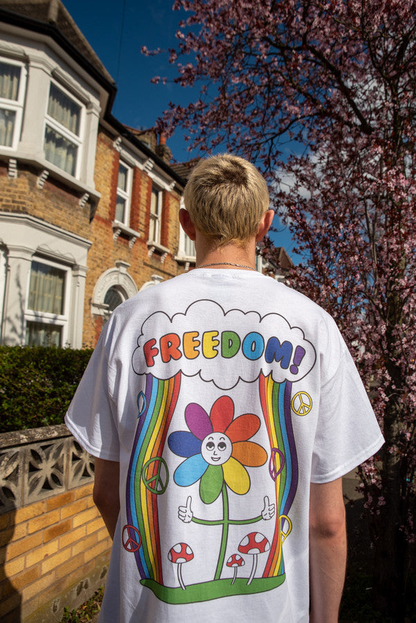 Otusi Short Sleeved T-Shirt in White with Freedom Rainbow print
