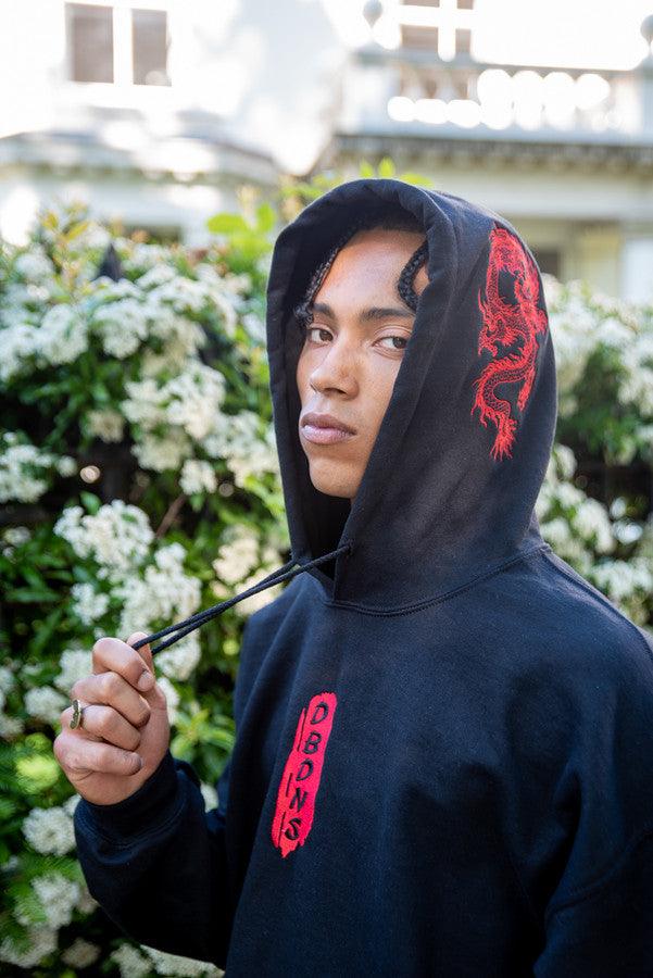 Otusi Black Hoodie With Red Dragon Embroidery